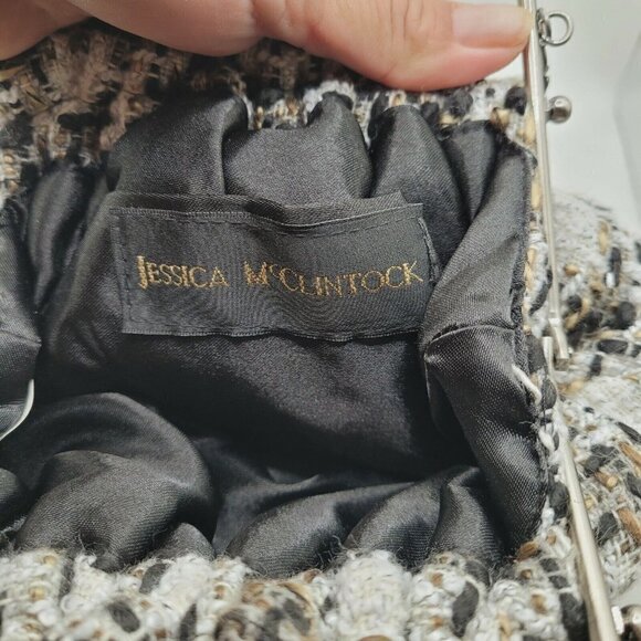 Vintage Jessica McClintock Tweed Handbag Purse Kiss Lock White Black Brown Small - Picture 9 of 11